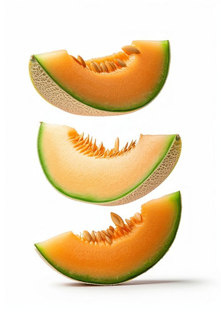 Slices of 3 piece cantaloupe falling in the air melon fruit slice.
