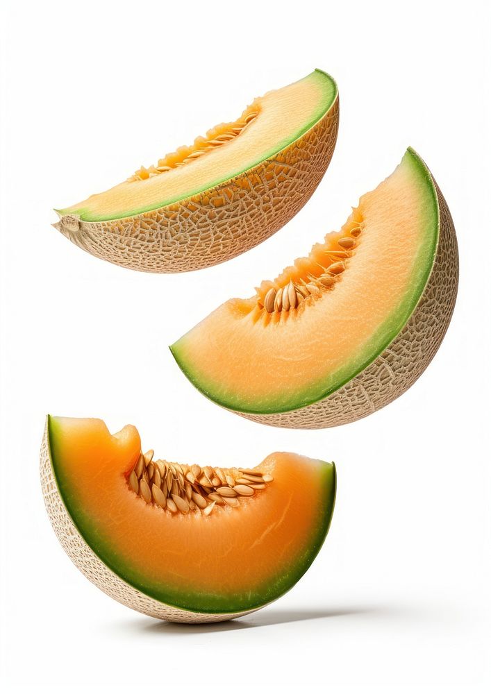 Slices of 3 piece cantaloupe falling in the air melon fruit slice.