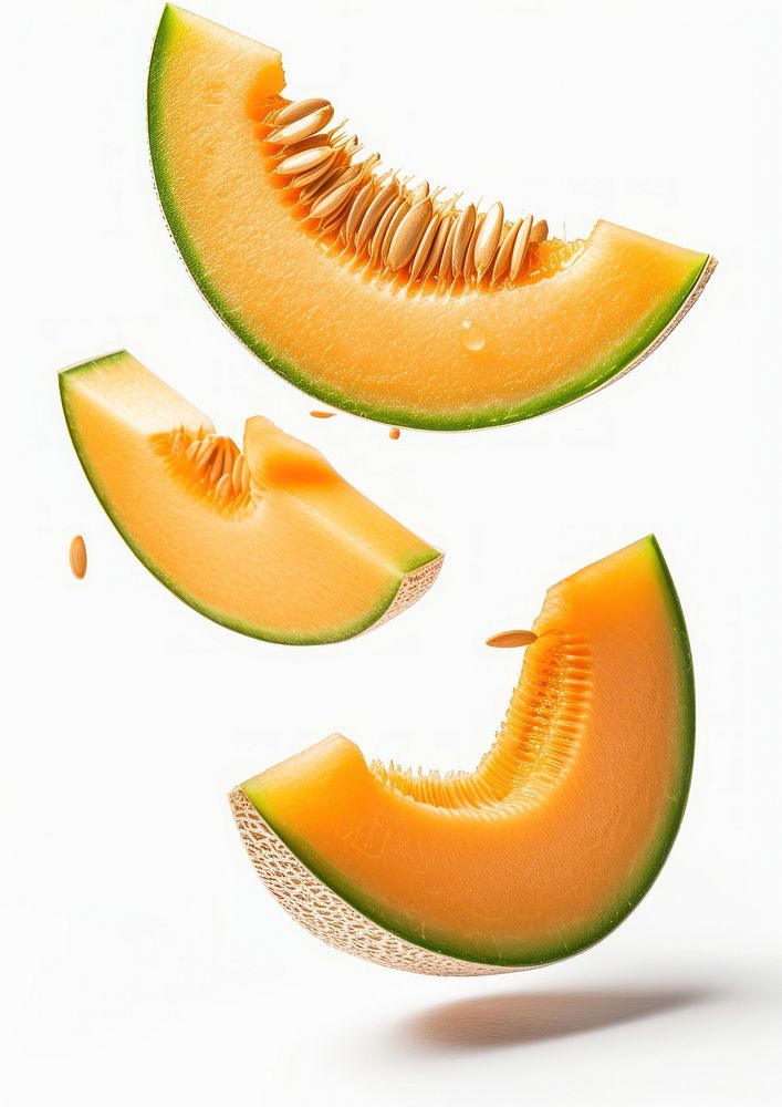 Slices of 1 piece cantaloupe falling in the air melon fruit slice.