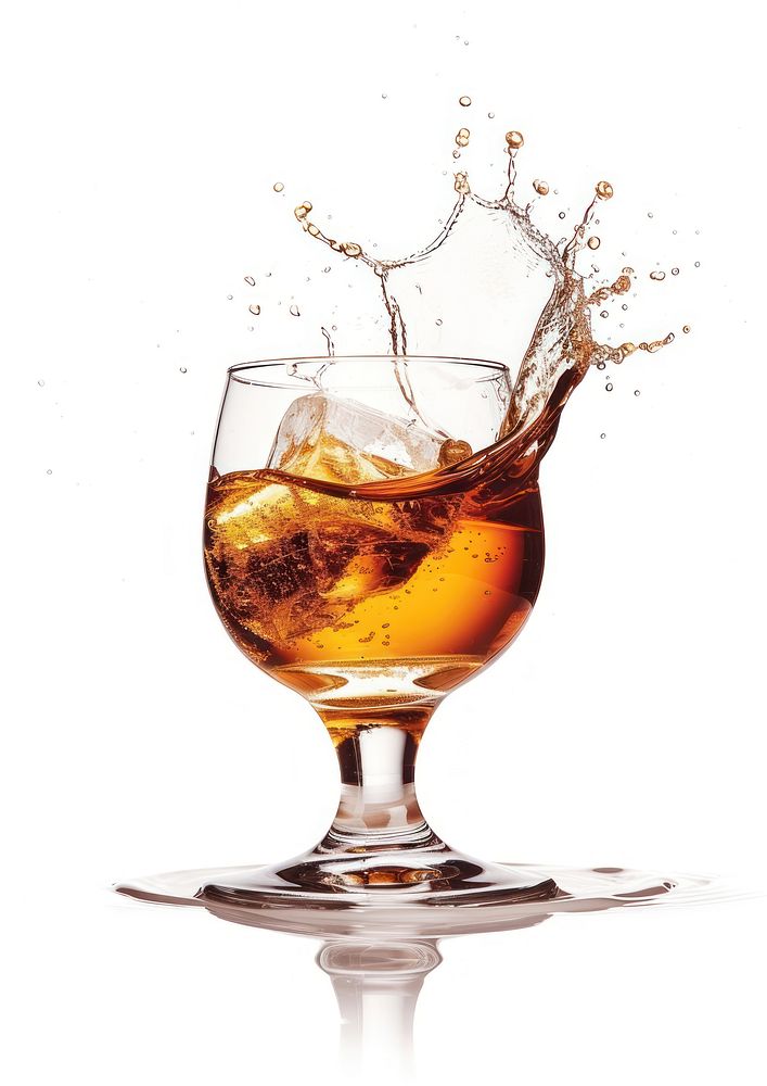 Splash of cognac in glass cocktail drink white background.