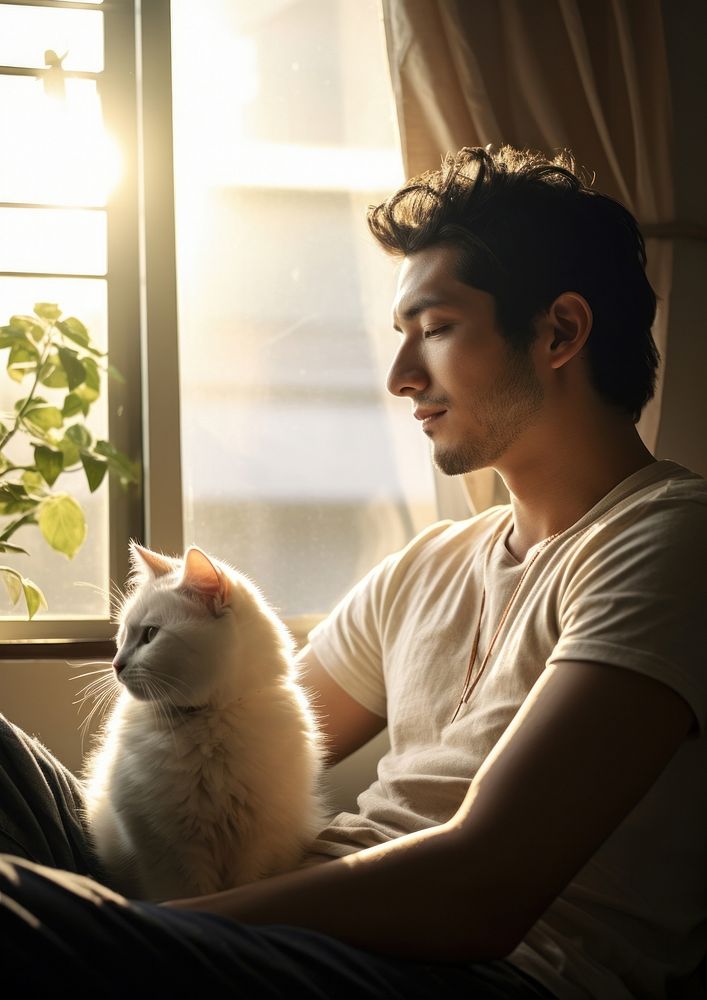 Japanese man pet portrait sitting.