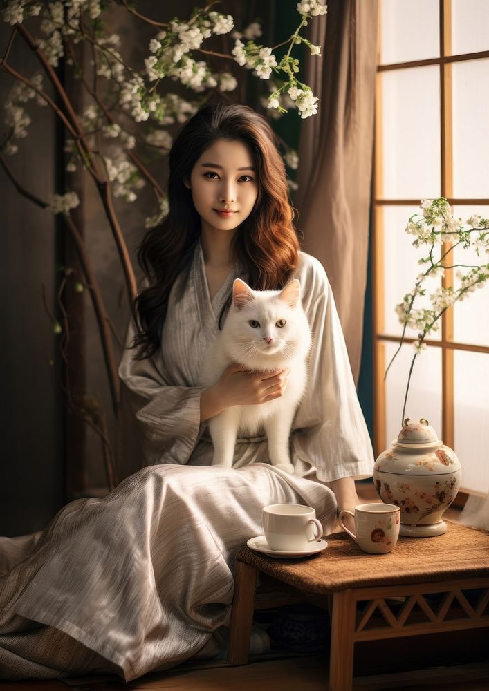 Japanese woman pet portrait sitting.