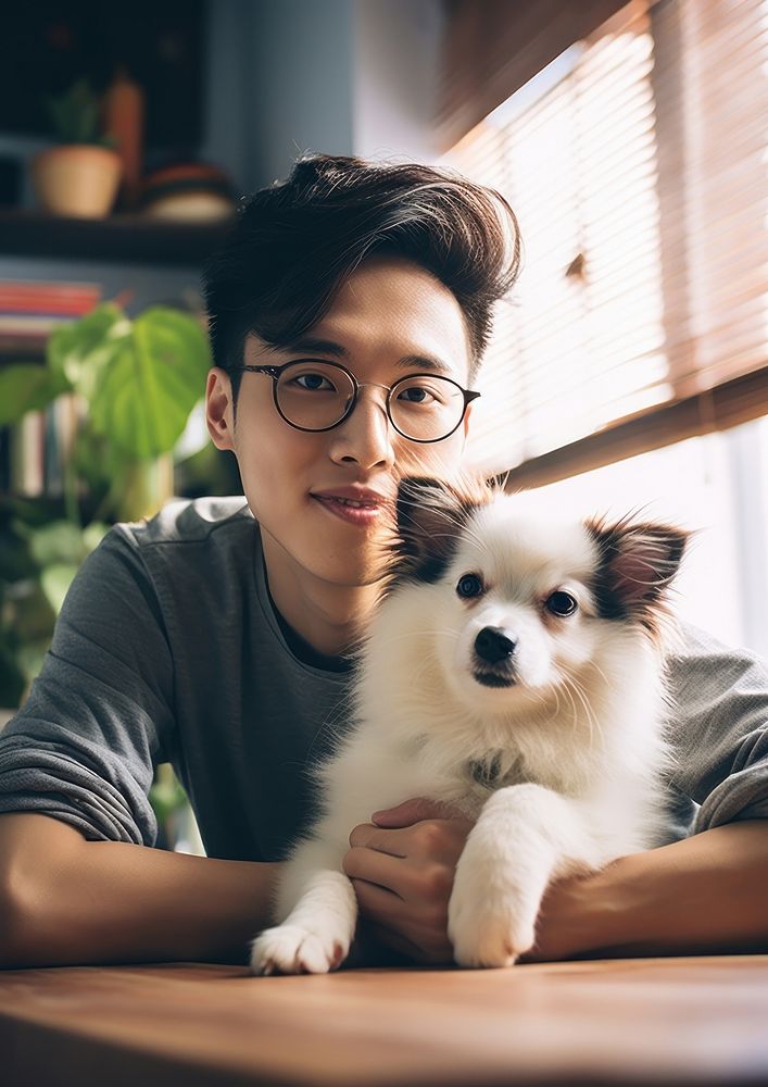 Taiwanese man pet portrait glasses.