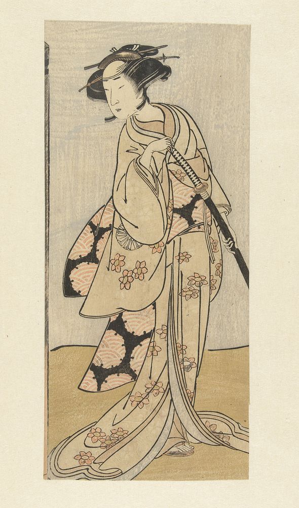 Acteur met zwaard in vrouwenrol (1860 - 1875) by Katsukawa Shunsho