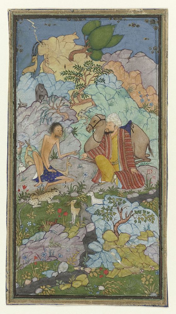 Episode uit de liefdesgeschiedenis van Laila en Majnun, de vermagerde Majnun zit in een landschap met een man en zijn kameel…