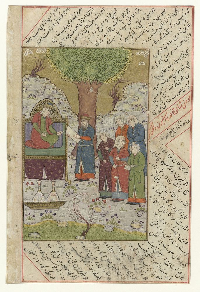 Vrouw op een troon, die een man toespreekt, achter hem vijf dienaressen (1500 - 1600) by anonymous