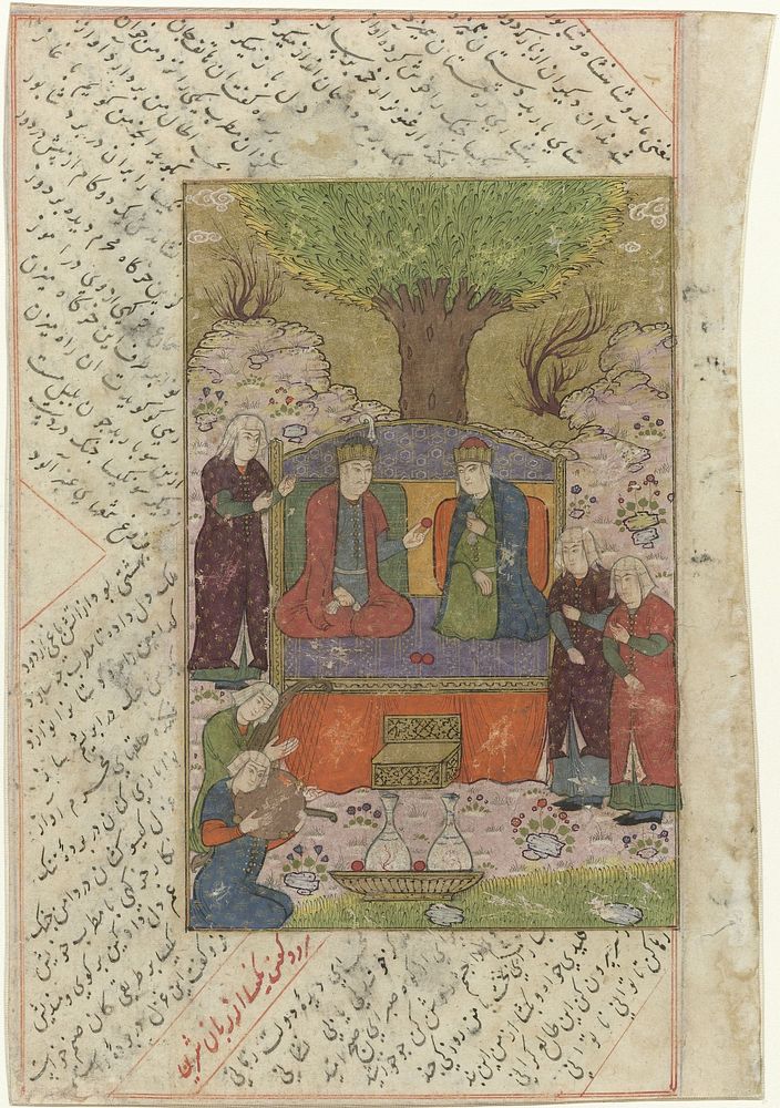 Man en vrouw op een troon in een tuin, voor hen twee musici en drie dienaressen (1500 - 1600) by anonymous and anonymous