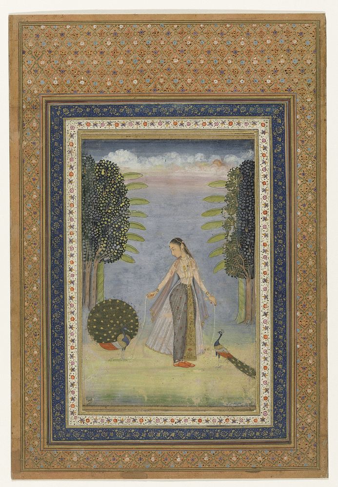 Kakubha ragini: a Forlorn Lady walking amongst Peacocks (c. 1775 - 1799) by anonymous