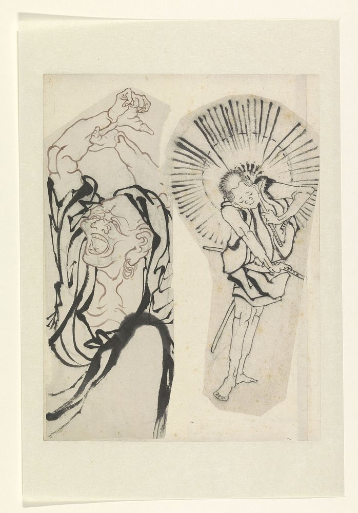 Twee figuren waarvan de rechter een parasol en een zwaard in de hand heeft (Hayano Kampei?) (c. 1800 - c. 1900) by anonymous