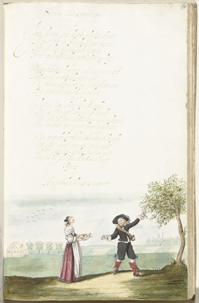 Fruit plukkende soldaat en een jongedame (c. 1654) by Gesina ter Borch and Gesina ter Borch