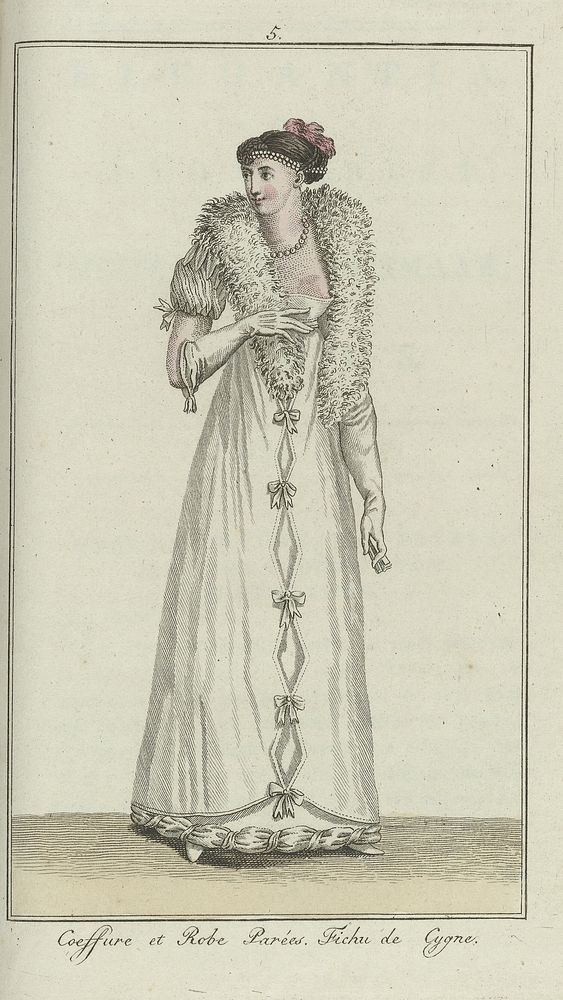 Elegantia, of tijdschrift van mode, luxe en smaak voor dames, Februari 1807, No. 5 : Coeffure et Robe Parées, Fichu de Cygne…