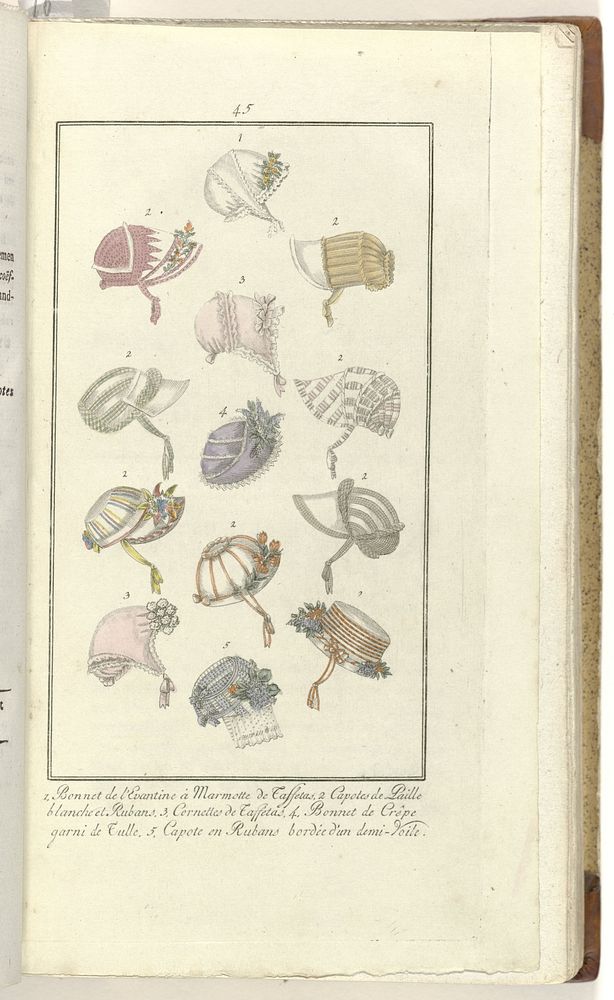 Elegantia, of tijdschrift van mode, luxe en smaak voor dames, Mei 1808, No. 45: 1. Bonnet de l'Evantine... (1808) by…