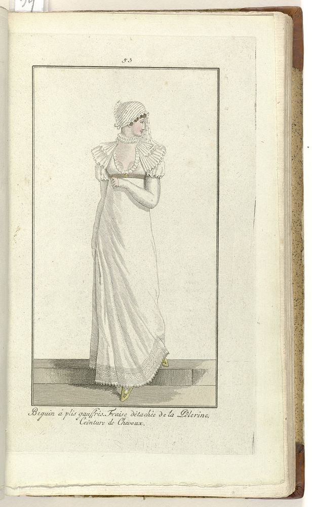 Elegantia, of tijdschrift van mode, luxe en smaak voor dames, Augustus 1808, No. 53: Beguin á plis gauffrés... (1808) by…