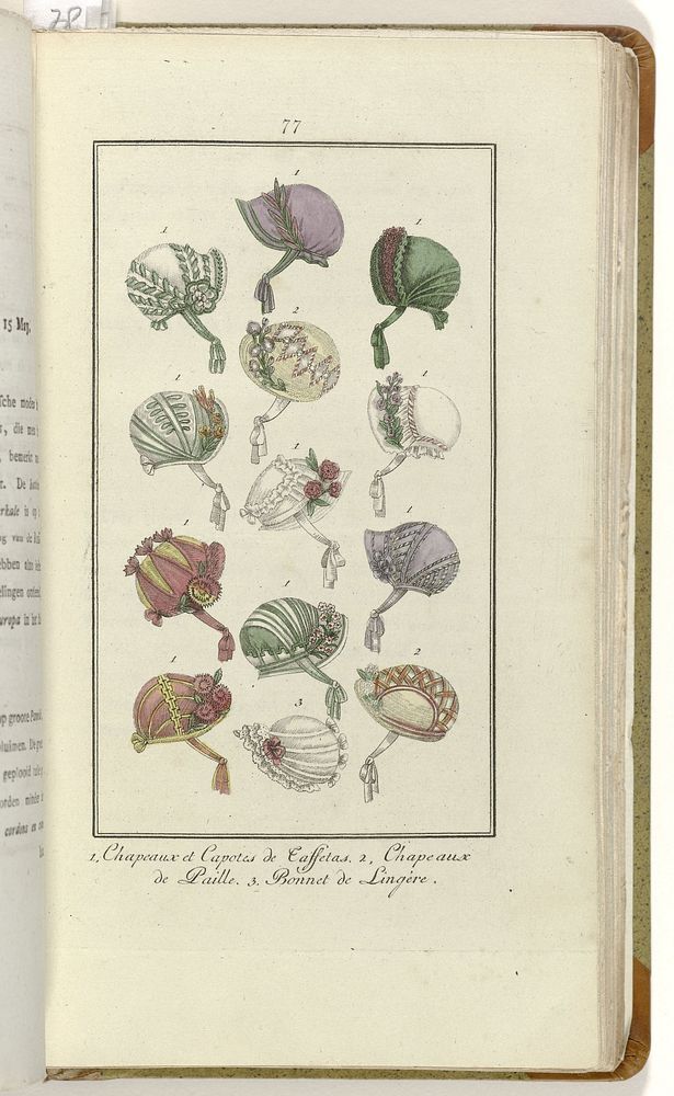 Elegantia, of tijdschrift van mode, luxe en smaak voor dames, Mei 1809, No. 77: 1. Chapeaux et Capotes... (1809) by…