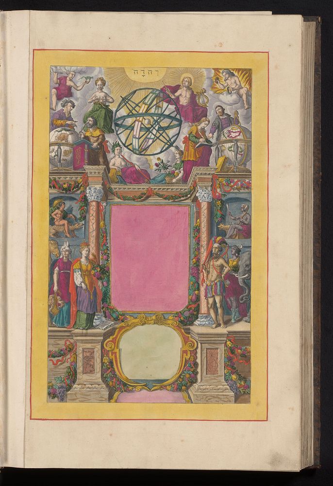 Cartouche geflankeerd door de personificaties van de vier werelddelen en bekroond door een hemelglobe (1630 - 1717) by…