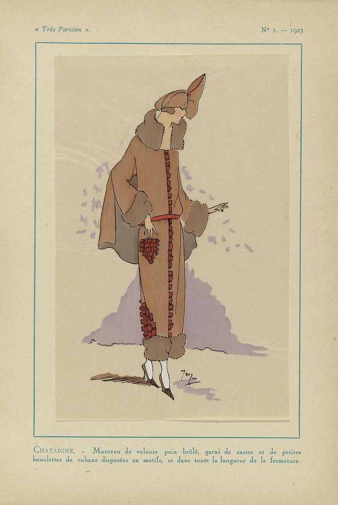Très Parisien, 1923, No 1: CHATAIGNE. - Manteau de velours... (1923) by anonymous and G P Joumard
