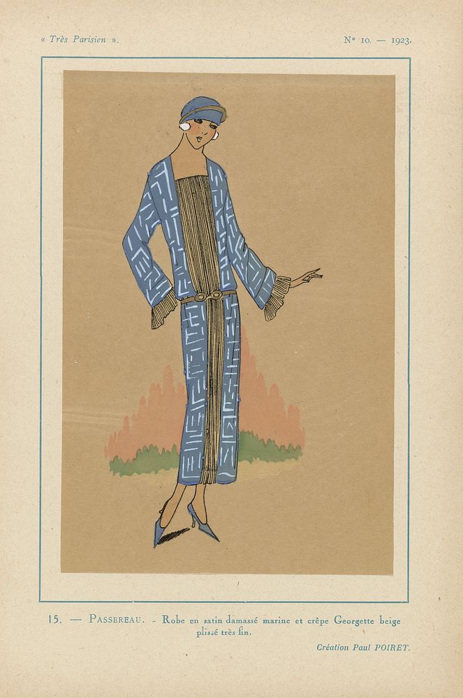 Très Parisien, 1923, No 10: 15.- PASSEREAU. - Robe en satin damassé... (1923) by anonymous, Paul Poiret and G P Joumard