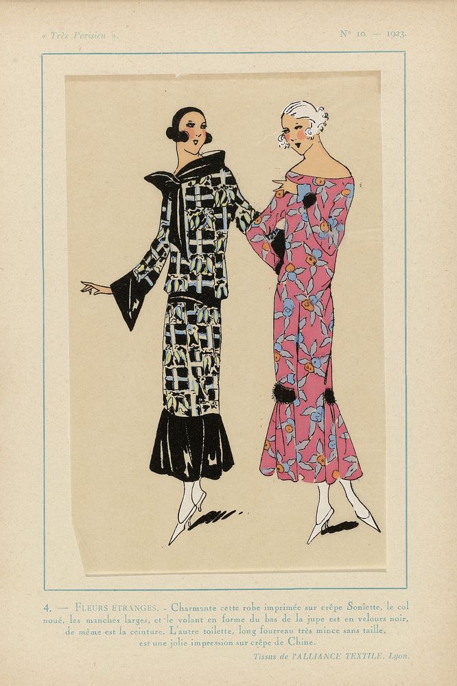 Très Parisien, 1923, No 10: 4. - FLEURS ÉTRANGES. - Charmante cette robe imprimée... (1923) by anonymous, Alliance Textile…