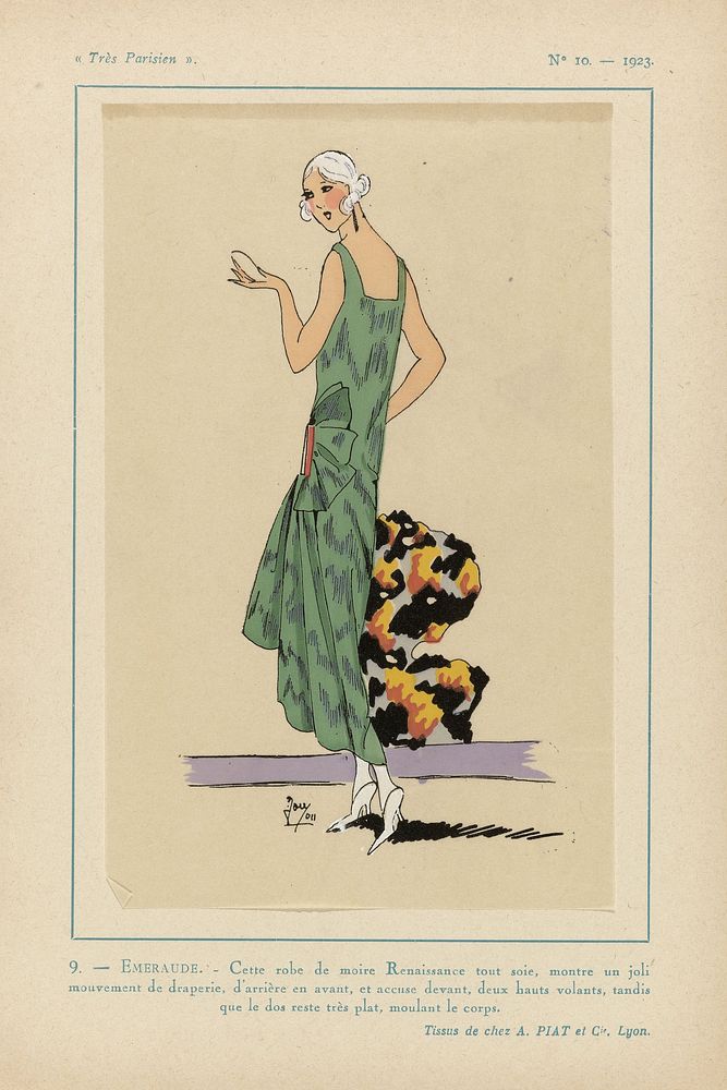 Très Parisien, 1923, No 10: 9. - EMERAUDE. - Cette robe de moire Renaissance.... (1923) by anonymous, A et Cie Piat and G P…