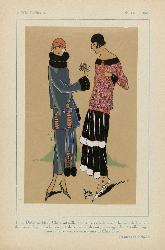 Très Parisien, 1923, No 11: 1 - DEUX AMIES. - Charmant tailleur de velours... (1923) by anonymous, Rodier and G P Joumard