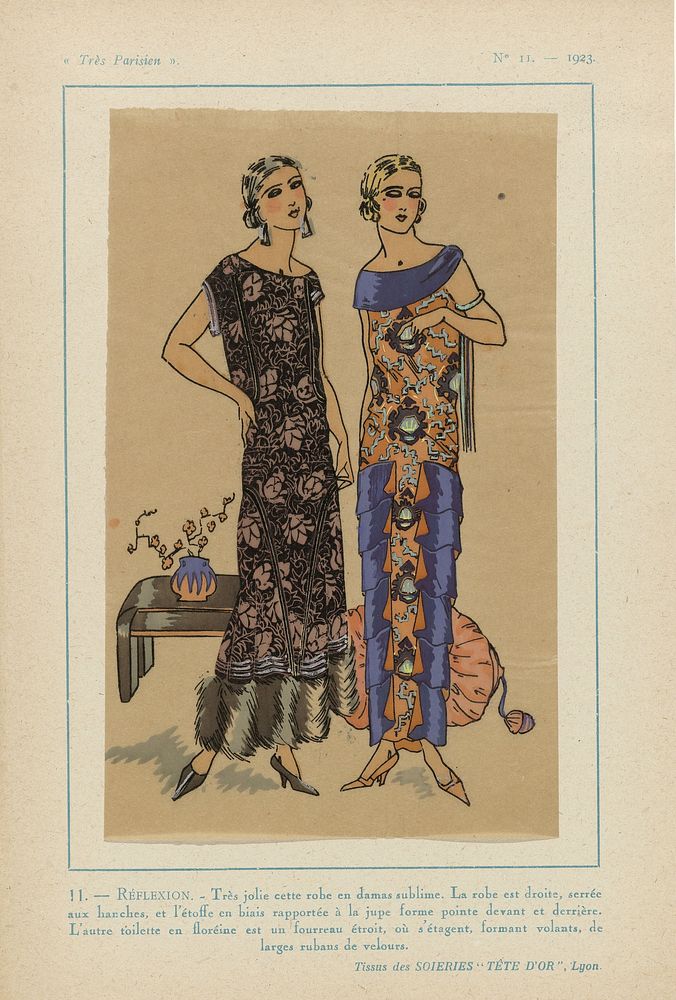 Très Parisien, 1923, No 11: 11.- RÉFLEXION. - Très jolie cette robe... (1923) by anonymous, Soieries Tête d or and G P…