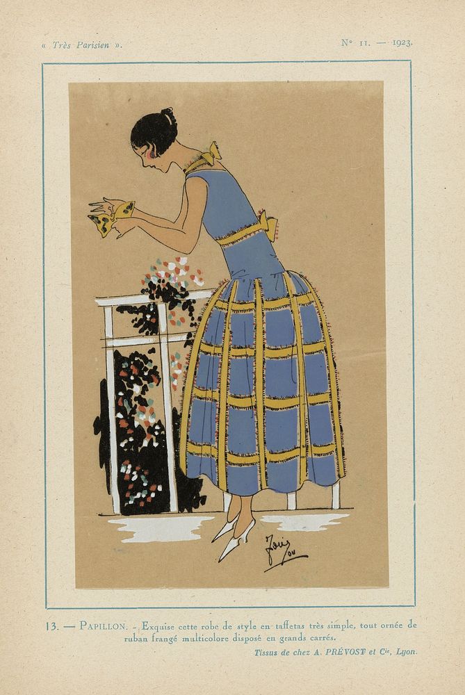 Très Parisien 1923 No 11: 13.- PAPILLON. - Exquise cette robe de style... (1923) by G P Joumard, A et Cie Prévost and G P…