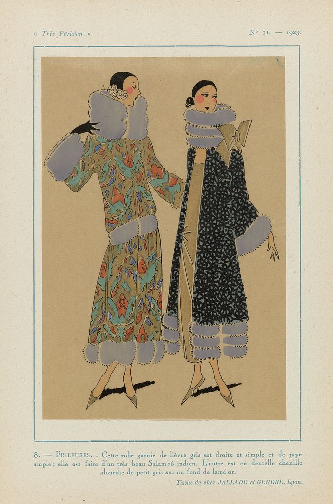 Très Parisien, 1923, No 11: 8. - FRILEUSES. - Cette robe garnie de lièvre gris... (1923) by anonymous, Jallade et Gendre and…