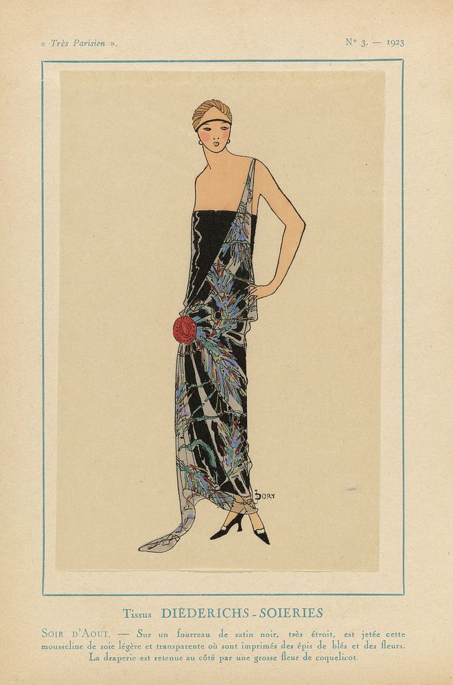 Très Parisien, 1923, No. 3: Tissus DIÉDERICHS-SOIERIES / SOIR D'AOUT... (1923) by anonymous, Diederichs Soieries and G P…