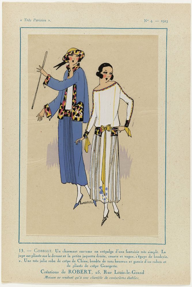 Très Parisien, 1923, No. 4: 13. - COBBALT. Un charmant costume... (1923) by anonymous, Robert modeontwerper and G P Joumard