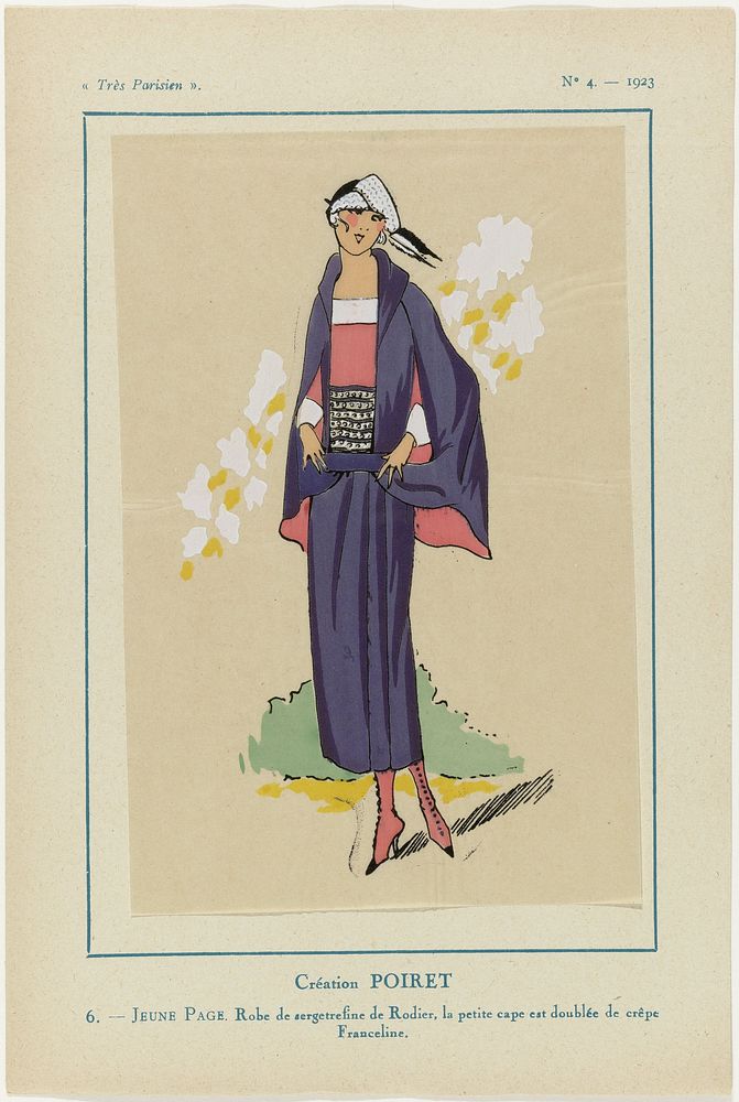 Très Parisien 1923, No. 4: 6.-JEUNE PAGE. Robe de sergetrefine... (1923) by anonymous, Paul Poiret, Rodier and G P Joumard