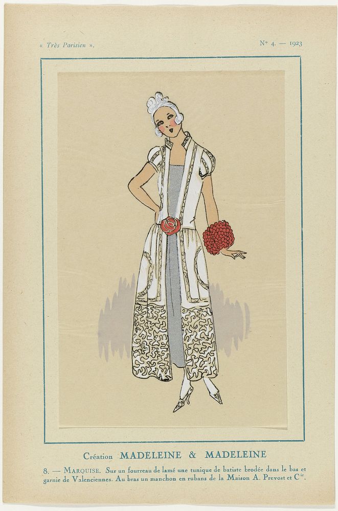 Très Parisien, 1923, No. 4: 8. - MARQUISE. Sur un fourreau... (1923) by anonymous, Madeleine Madeleine, A et Cie Prévost and…