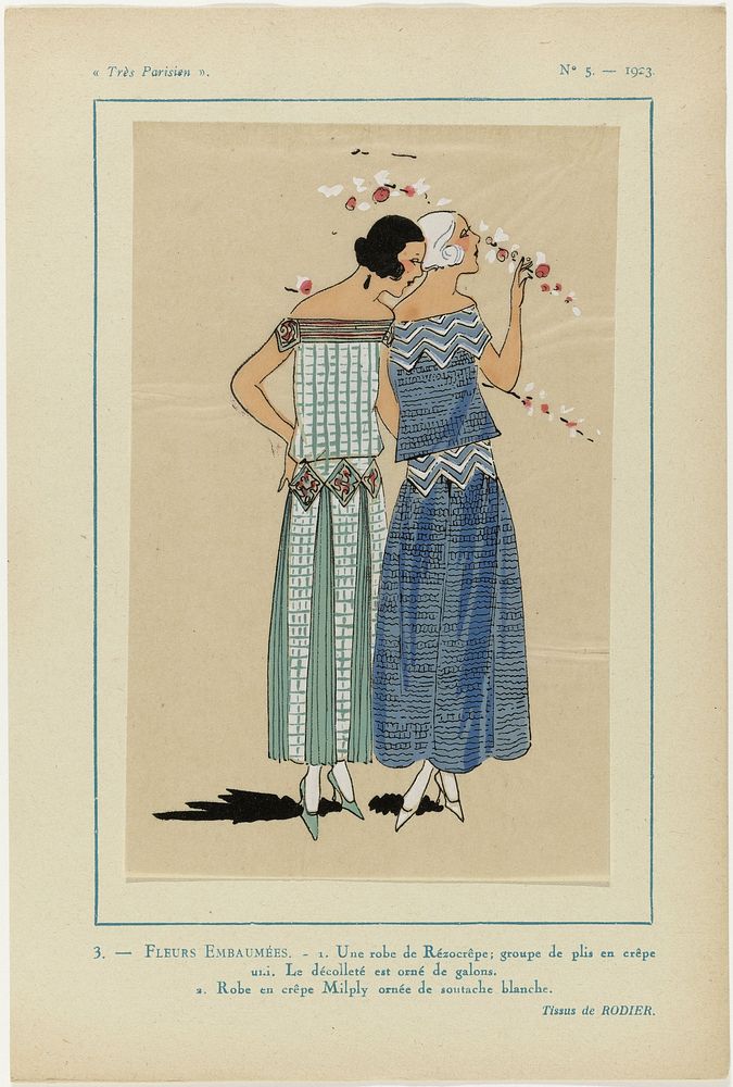 Très Parisien, 1923, No 5: 3.- FLEURS EMBAUMÉES. - 1. Une robe... (1923) by anonymous, Rodier and G P Joumard
