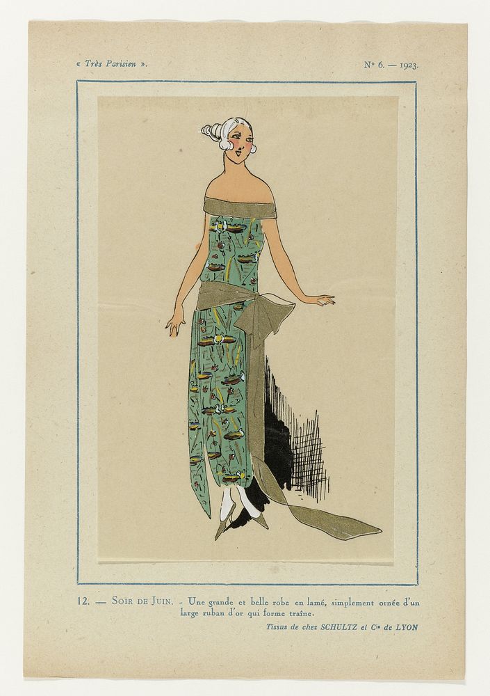 Très Parisien, 1923, No 6: 12.- SOIR DE JUIN. - Une grande et belle robe... (1923) by anonymous, Schulz et Cie and G P…