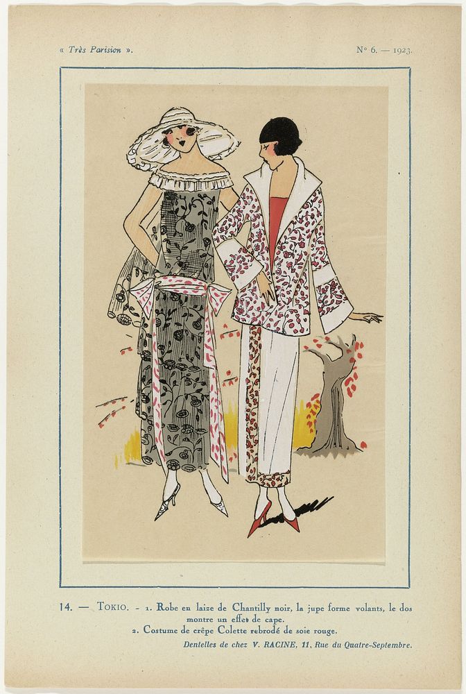 Très Parisien, 1923, No 6: 14. - TOKIO. - 1. Robe en laize de Chantilly... (1923) by anonymous, V Racine and G P Joumard