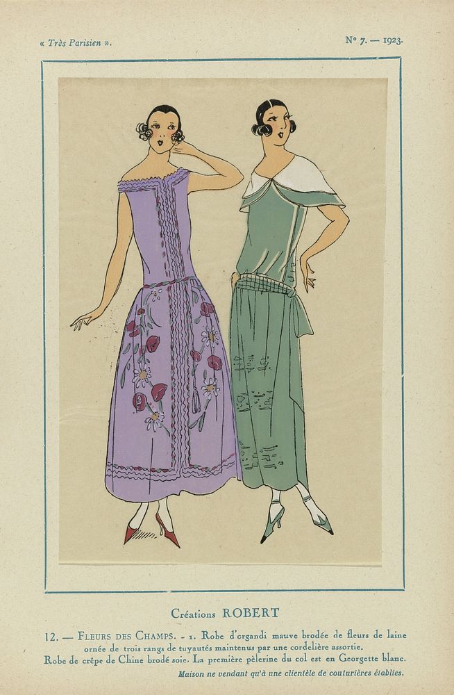 Très Parisien, 1923, No 7: 12.- FLEURS DES CHAMPS. - 1. Robe d´organdi... (1923) by anonymous, Robert and G P Joumard