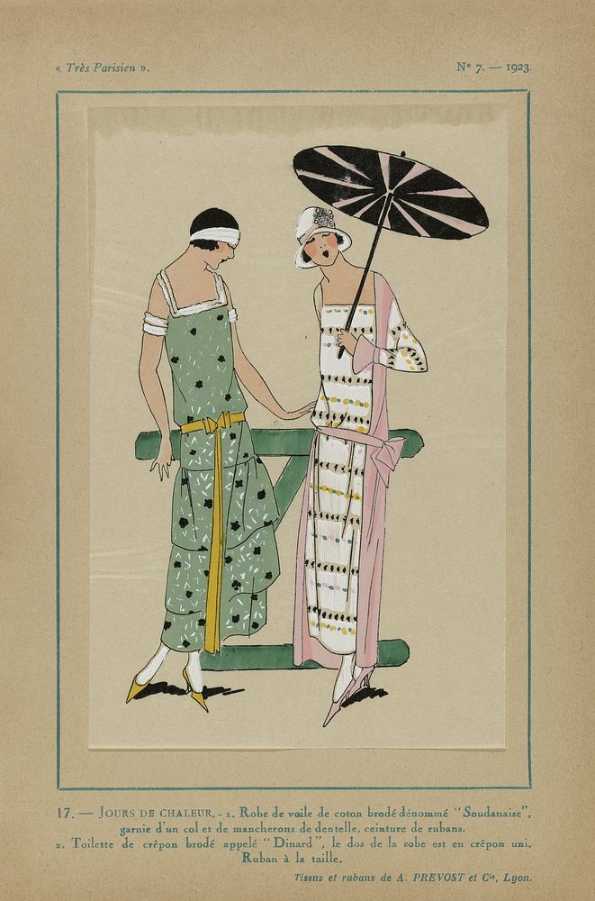 Très Parisien, 1923, No 7: 17.- JOURS DE CHALEUR. - 1. Robe de voile de coton... (1923) by anonymous, A et Cie Prévost and G…