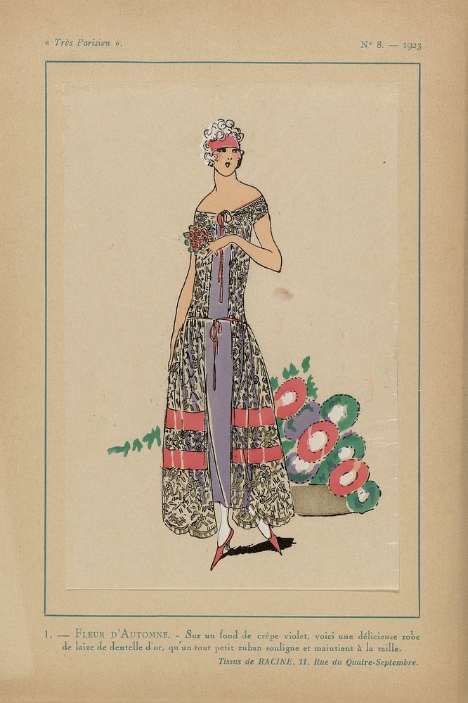 Très Parisien, 1923, No 8: 1 - FLEUR D'AUTOMNE. / Sur un fond de cr&epe violet... (1923) by anonymous, V Racine and G P…