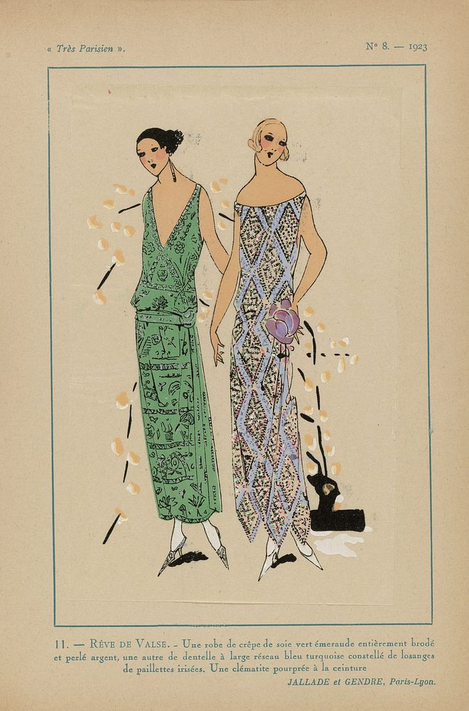 Très Parisien, 1923, No 8: 11.- REVE DE VALSE. - Une robe de crêpe de soie... (1923) by anonymous, Jallade et Gendre and G P…