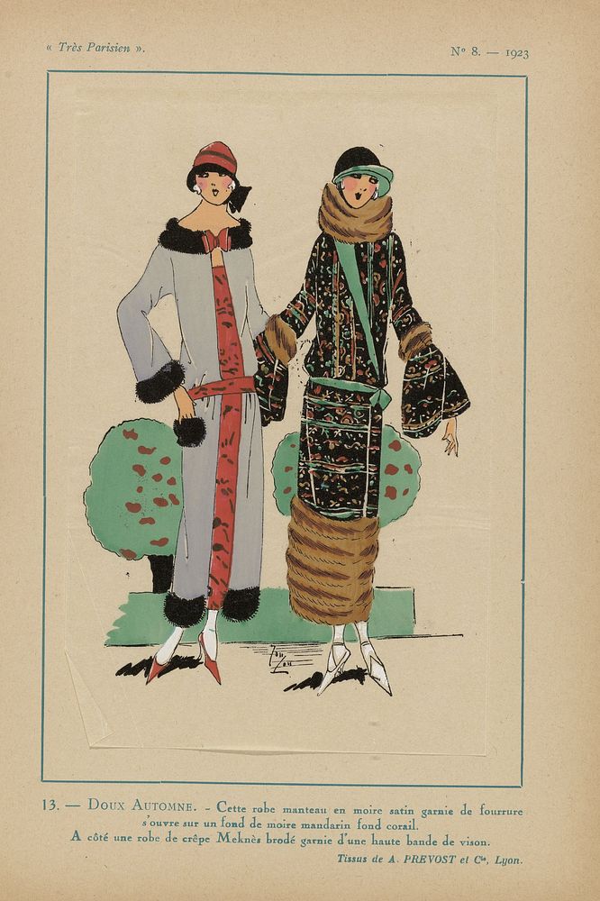 Très Parisien, 1923, No 8: 13.- DOUX AUTOMNE. - Cette robe manteau... (1923) by anonymous, A et Cie Prévost and G P Joumard