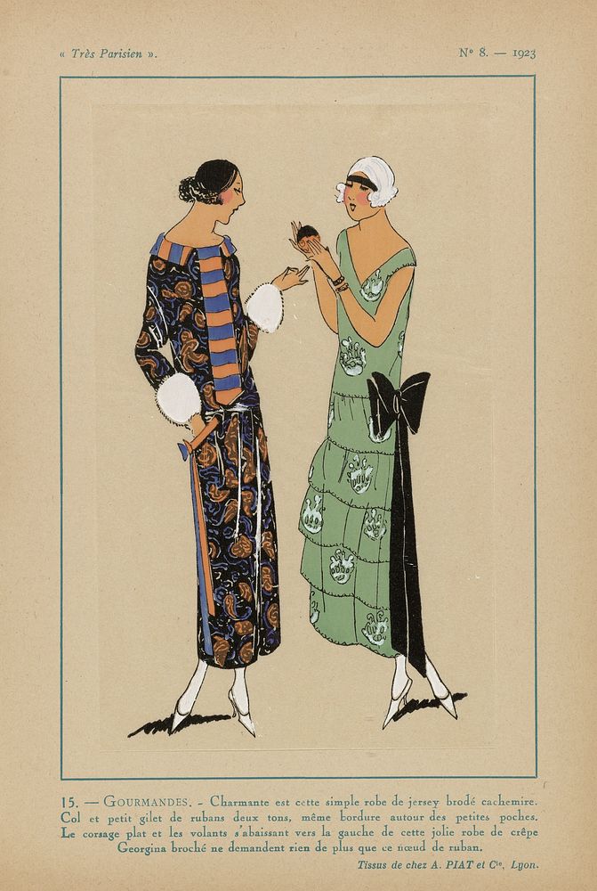 Très Parisien, 1923, No 8: 15.- GOURMANDISES. - Charmante est cette simple robe... (1923) by anonymous, A et Cie Piat and G…