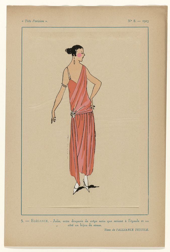 Très Parisien, 1923, No 8: 5. - ELÉGANCE. - Jolie, cette draperie de crêpe satin... (1923) by anonymous, Alliance Textile…