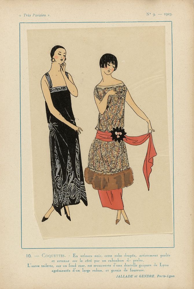 Très Parisien, 1923, No 9: 10 - COQUETTES. - En velours noir, cette robe drapée,... (1923) by anonymous, Jallade et Gendre…