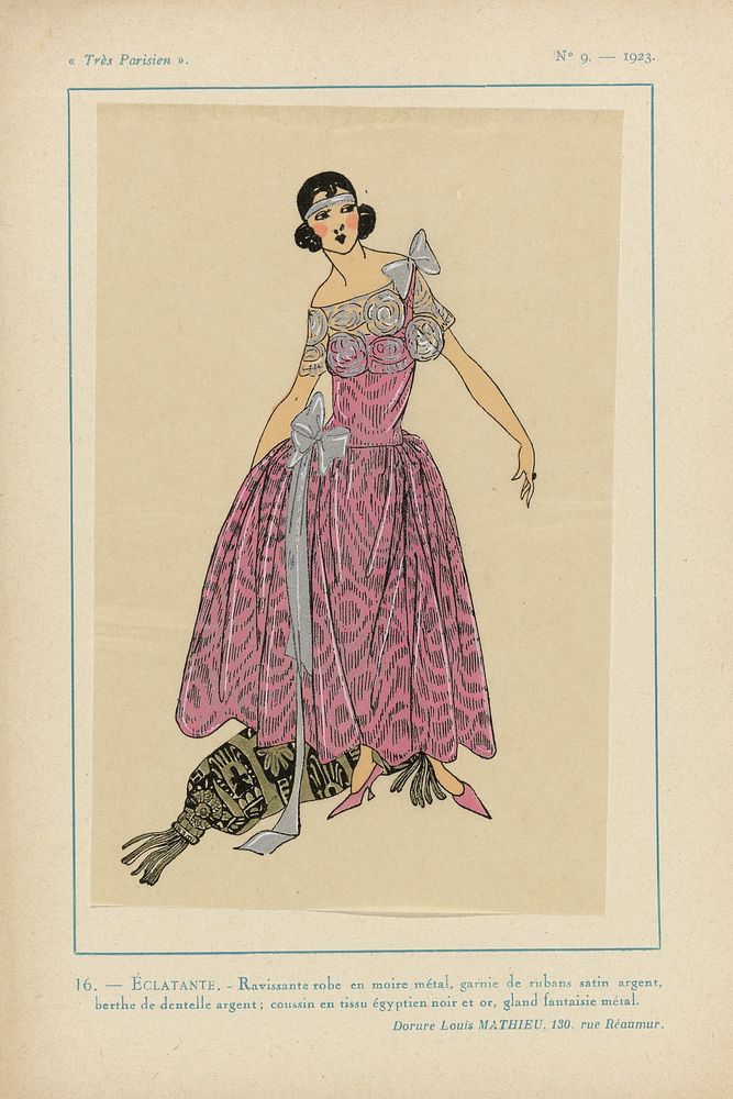 Très Parisien, 1923, No 9: 16.- ÉCLATANTE. - Ravissante robe en moire... (1923) by anonymous, Dorure Louis Mathieu and G P…