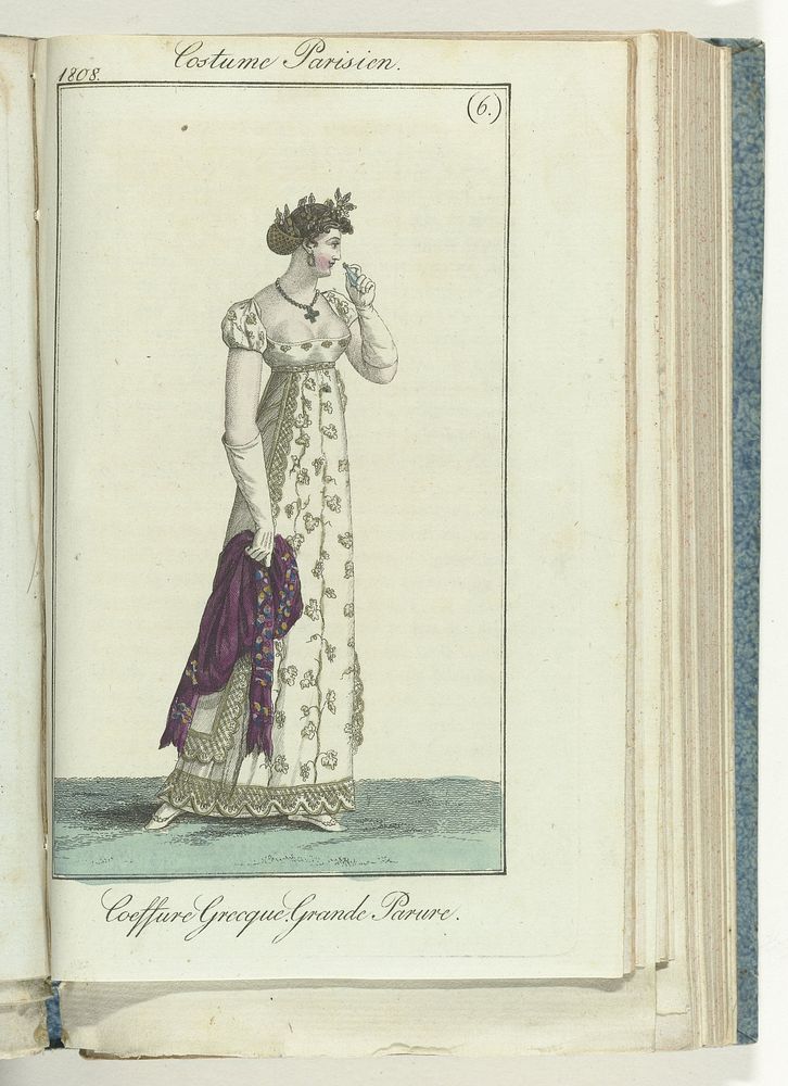 Journal des Dames et des Modes, editie Frankfurt  8 Février 1808, Costume Parisien (6):  Coeffure Grecque. Grande Parure.…