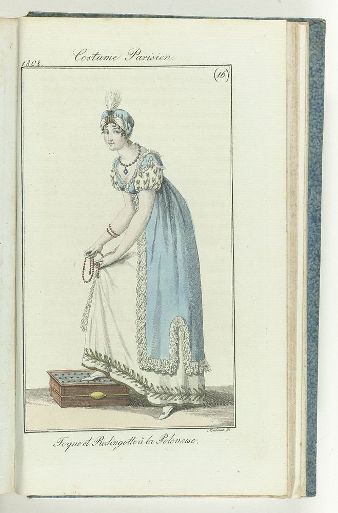 Journal des Dames et des Modes, editie Frankfurt 18 avril 1808, Costume Parisien (16): Toque et Redingotte à la Polonaise…