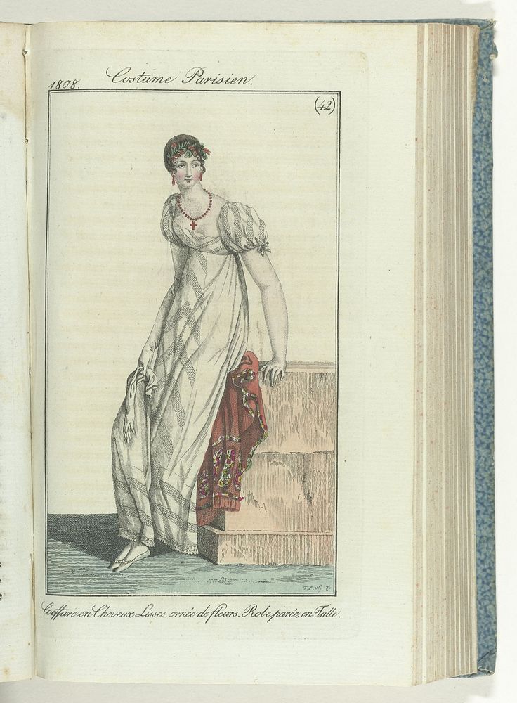 Journal des Dames et des Modes, editie Frankfurt 16 octobre 1808, Costume Parisien (42) : Coeffure en Cheveux Lisses, ornée…