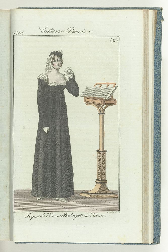 Journal des Dames et des Modes, editie Frankfurt 18 décembre 1808, Costume Parisien (51): Toque de Velours. Redingote de…