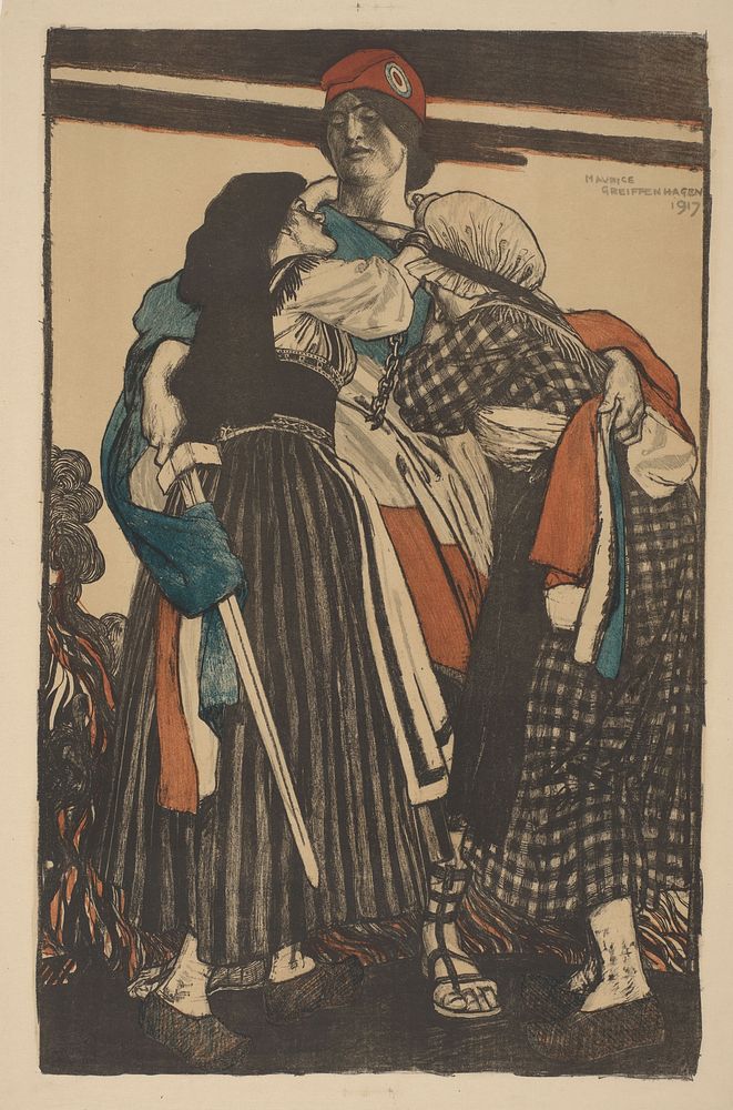 Vrouw met zwaard omarmt twee kinderen (1917) by Maurice William Greiffenhagen