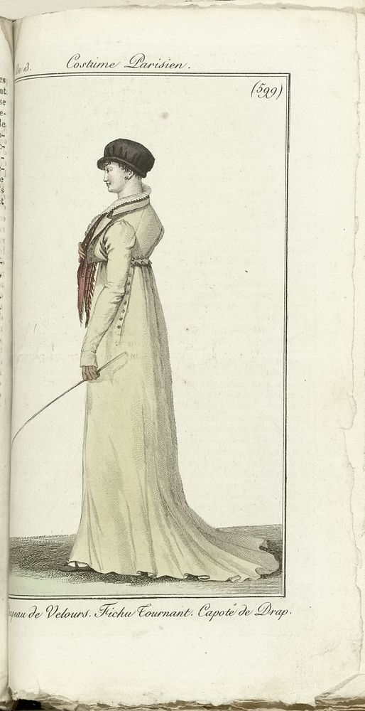 Journal des Dames et des Modes, Costume Parisien, 1805, An 13 (599) Chapeau de Velours. Fichu Tournant. Capote de Drap.…