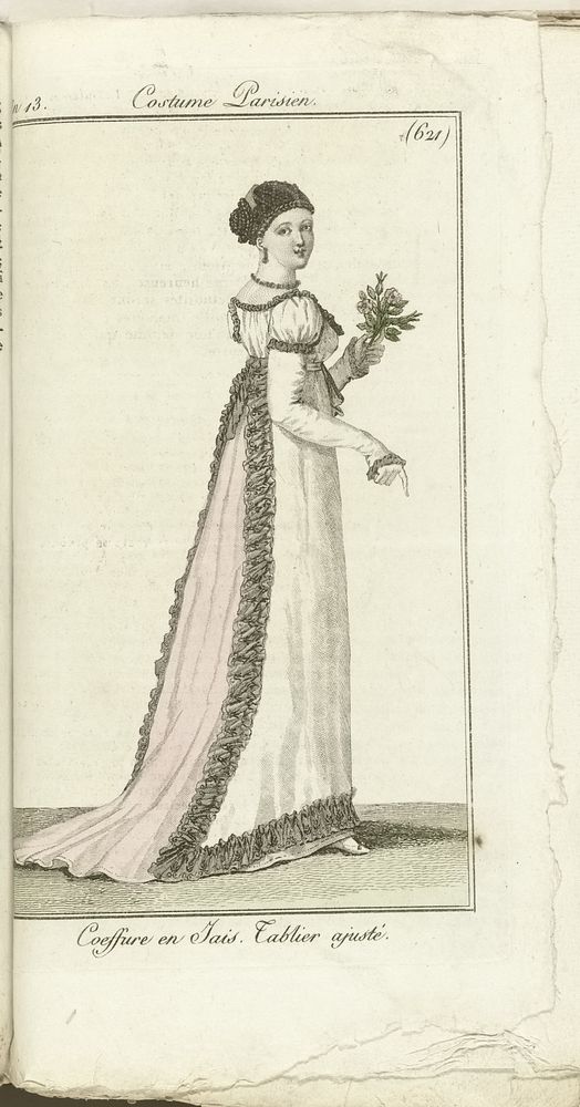 Journal des Dames et des Modes, Costume Parisien, 1805, An 13 (621) Coeffure en Jais. Tablier ajusté. (1805) by Horace…